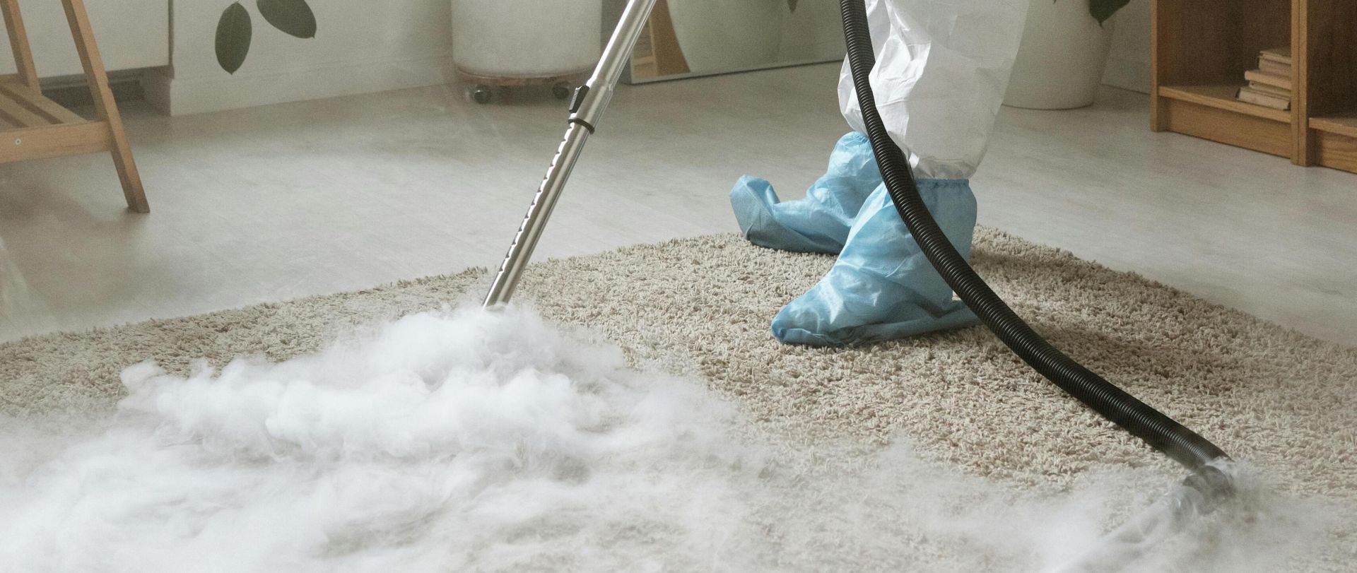 A person in full protective gear disinfects a carpet in a bright indoor space.